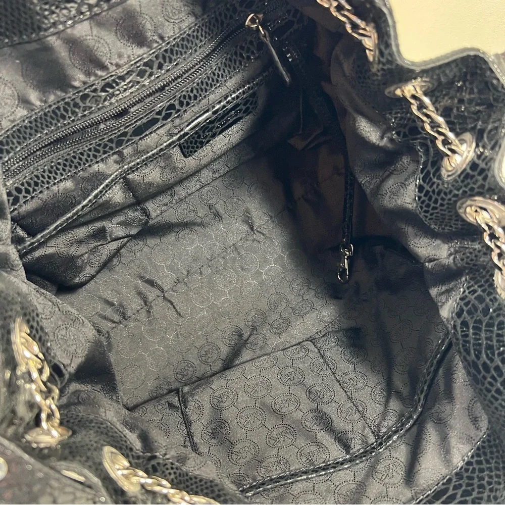 Michael Kors Black Snakeskin Lilly Chain Tote Shoulder Bag